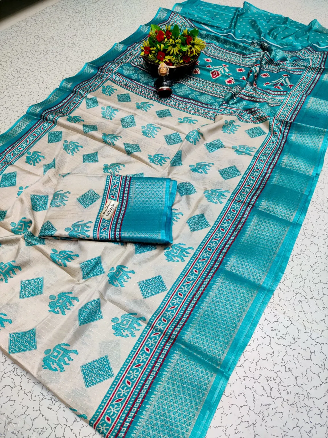 Elephant Block Print Zari Semi Silk Saree